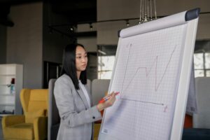 Woman standing next to an easel with a graph showing upward growth